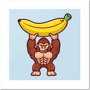 Cute Gorilla Lift Big Banana Cartoon Posters and Art